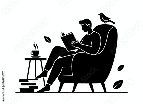 Person relaxing in armchair with coffee and plant peaceful indoor leisure silhouette perfect for calm comfort solitude reading corner or cozy home design