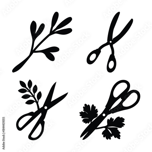 Simple scissors and herb cutting icon set vector illustration