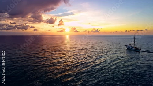 A fishing boat drifts peacefully on the expansive ocean under a captivating sunset. the sky displays a vibrant palette of orange, pink, and purple, casting a warm glow over the gentle waves, creating 