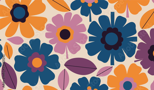 Vibrant Seamless Retro Floral Pattern with Stylized Blooms and Leaves on a Light Cream Background