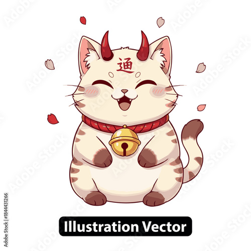 Adorable mischievous feline with devil horns and bell, a charming Japanese-inspired cartoon character illustration