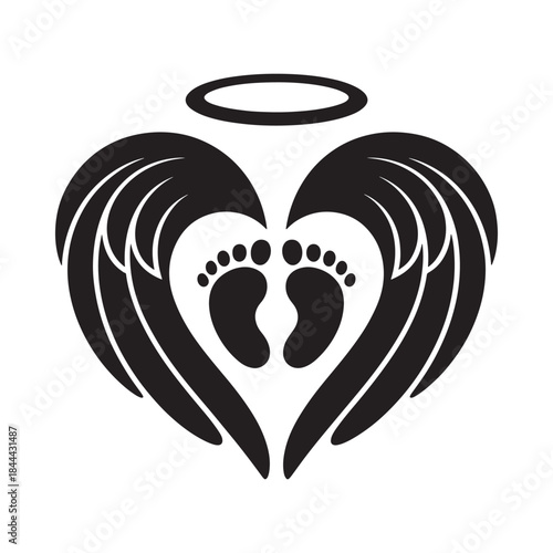 A heart shaped symbol with baby footprints wings and a halo above