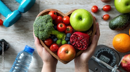 Person holding a heart-shaped bowl full of fresh fruits and vegetables, next to dumbbells, a water bottle and a weight scale, representing healthy eating and fitness lifestyle.