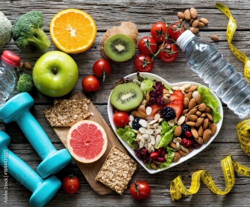 Overhead shot showcasing healthy lifestyle elements.