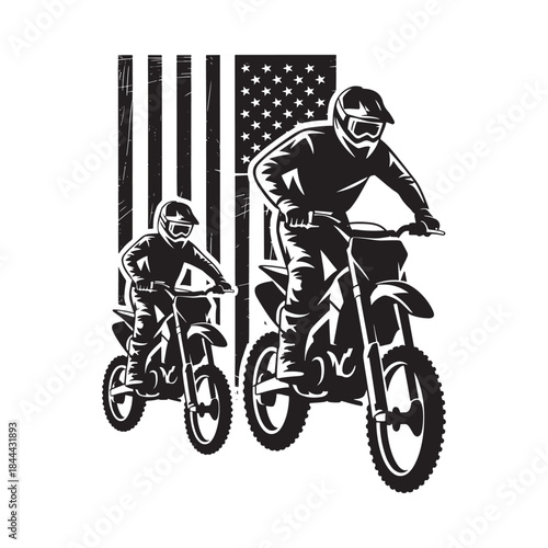 Father and son motocross riders silhouetted against an american flag background