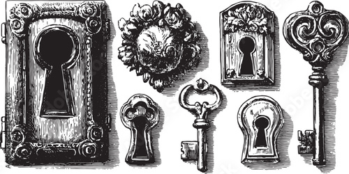 Vintage keys and locks vector illustration. Decorative set featuring detailed designs and ornate elements.