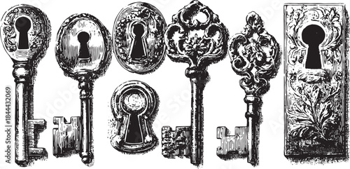 Ornate keys and locks in a vintage style. Detailed vector illustration set showcasing classic designs and craftsmanship.