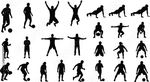 Set of black vector silhouettes showing soccer and basketball players, men doing pushups, jumping people with hands up, fitness poses, isolated on white background