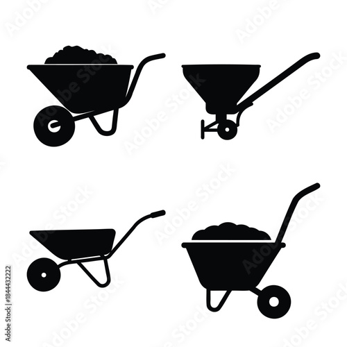 Wheelbarrow and spreader icon set for construction, garden