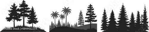 Nature forest and tropical tree landscape silhouettes vector illustration set for outdoor scenery design