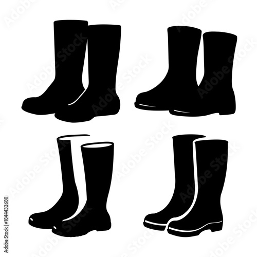 Set of black rubber rain boots and wellington boots icons