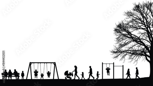 Family park silhouettes with parents children playground swings stroller walking outdoor lifestyle scene nature tree vector illustration black white