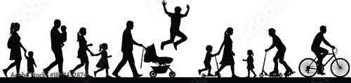 Family walking silhouettes showing parents children stroller scooter bicycle daily lifestyle generation activity vector illustration isolated black white