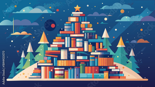 Whimsical book pyramid in winter wonderland