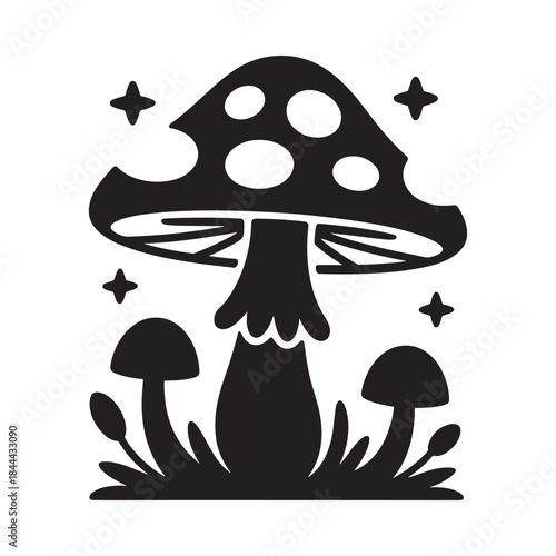 A whimsical depiction of black mushrooms with stars and grassy details