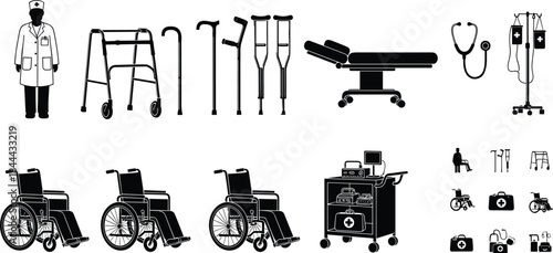 Medical healthcare equipment silhouettes set with doctor wheelchair crutches walker hospital bed IV stand stethoscope vector illustration