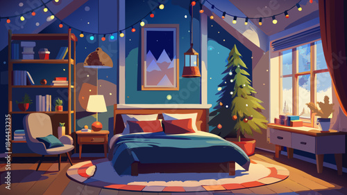 Cozy mountain cabin interior with christmas decorations