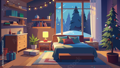 Cozy bedroom with christmas decorations