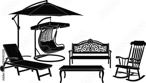 Outdoor garden furniture silhouettes set including chair bench table swing umbrella patio relaxation vector illustration isolated black white