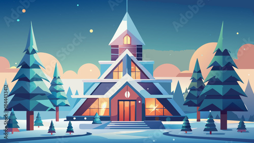 Whimsical christmas tree house in snowy mountain village