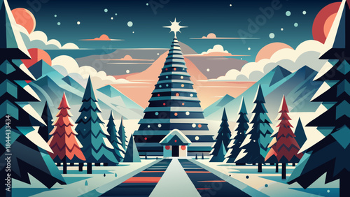 Magical winter forest with illuminated pyramid