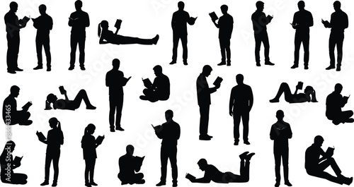 People reading book silhouettes collection with men women children sitting standing lying education learning vector illustration black white