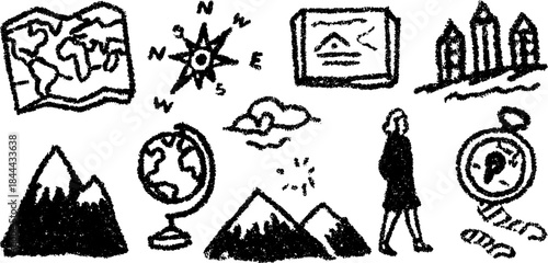 Abstract vector illustration featuring a map, globe, mountains, and compass. A set of distinct drawing elements representing navigation and travel.