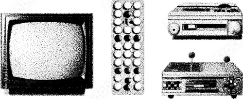 Vintage television and remote control set illustration. Detailed hand-drawn engraving in black outline, perfect for design projects.