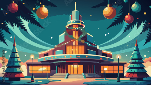 Futuristic christmas tree in cityscape