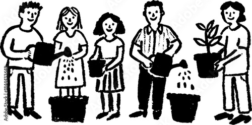 Group of people participating in gardening activities, watering plants in pots. Simple vector illustration depicting teamwork and nature in a set.