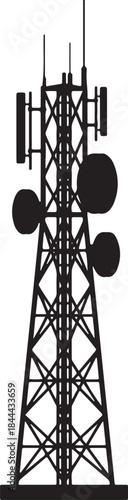 black silhouette of communication tower on white background, vector