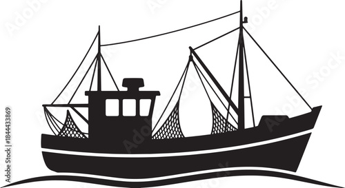 black silhouette of fishing boat on white background, vector