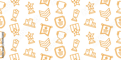 Seamless pattern background featuring a repeating motif of various achievement and reward icons such as trophies, medals, stars, crests, pennants, and podiums
