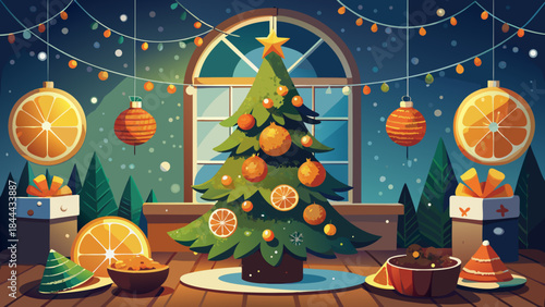 Festive christmas tree with citrus decorations