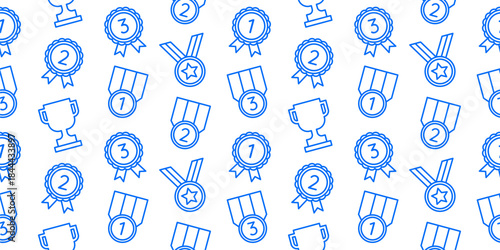 Seamless pattern background featuring a repeating motif of first, second, and third place recognition icons like trophies, circular ribbon badges, and rectangular medals
