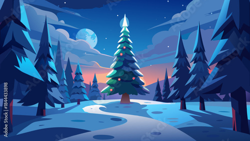 Serene winter forest under moonlight