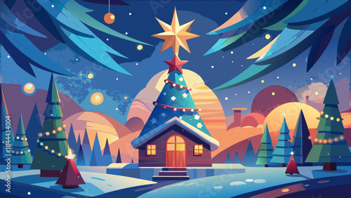 Winter night in a snowy village