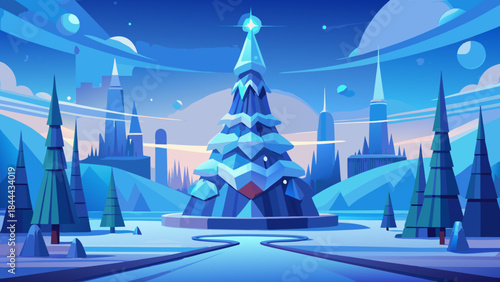 Enchanted winter castle in frozen landscape