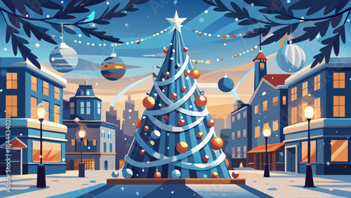 Quadro su tela Winter town square with christmas tree