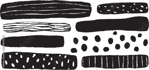 Black strokes and patterns in a simple flat vector set. Various textures and styles suitable for modern graphic design.