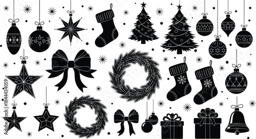 Set of Christmas decoration silhouettes, vector icons of tree, bauble, star, stocking, wreath, bow, gift for holiday greeting card, winter party, and seasonal design