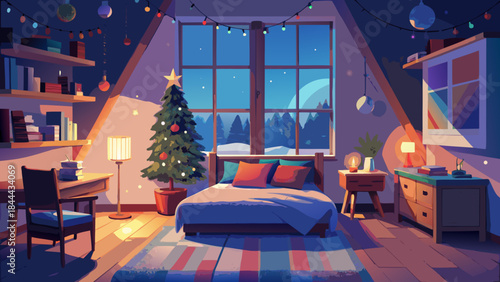 Cozy mountain cabin interior with christmas decorations