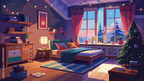 Cozy bedroom with christmas decorations