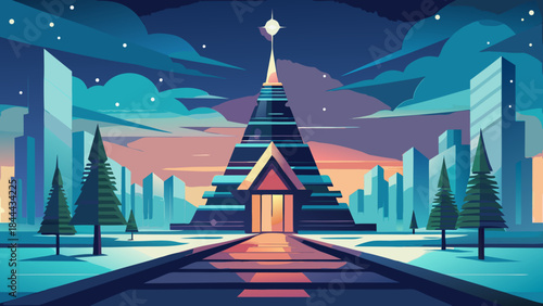 Modern pyramid house in snowy landscape