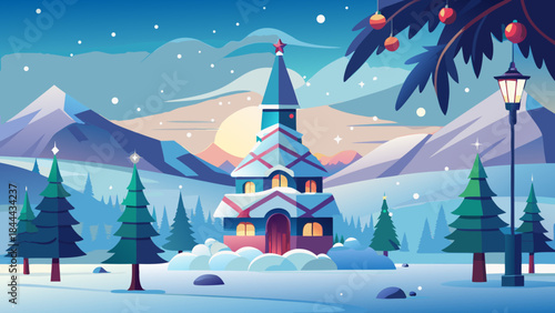 Serene winter village with church