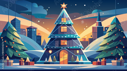 Whimsical christmas tree house in snowy mountain village