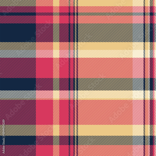 Present fabric seamless check, wide textile vector tartan. Cutout plaid texture pattern background in red and amber colors.