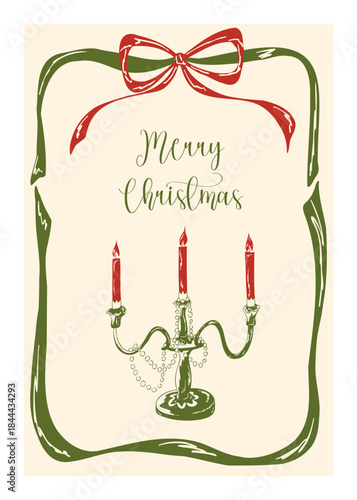 Vintage Christmas card with candleholder and whimsical frame with a bow. Vector hand drawn illustration with candelabra for holiday invitations, greeting cards. Minimalist elegant posters