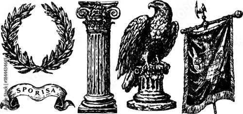 Eagle and column emblem in vintage style. Illustrated decorative design with laurel and banner, representing heritage in a black and white vector illustration.