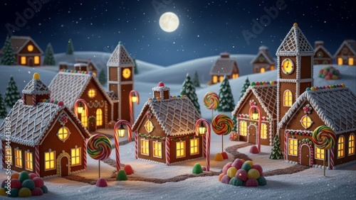 Enchanting Gingerbread Village at Night with Snowy Rooftops